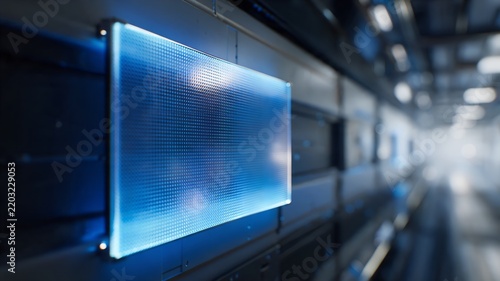 Futuristic server room corridor with a glowing blue led panel display mounted on a rack, representing advanced data center technology and digital infrastructure