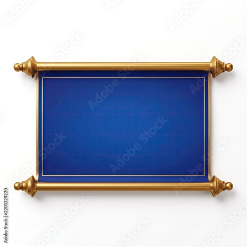 Elegant royal blue scroll with ornate golden rods against white background
