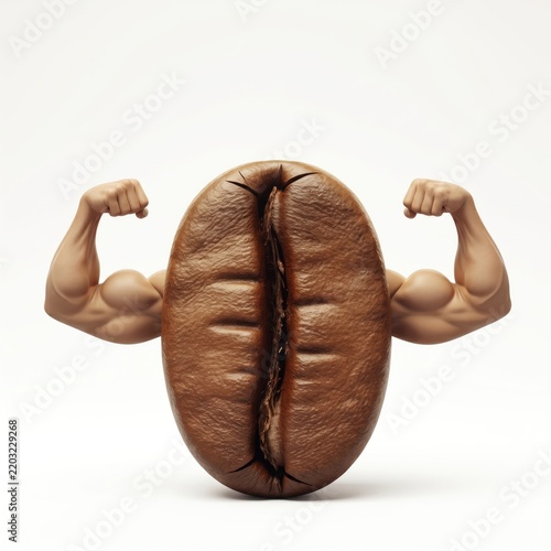 Funny brown coffee bean flexing strong muscular arms against clean white studio background