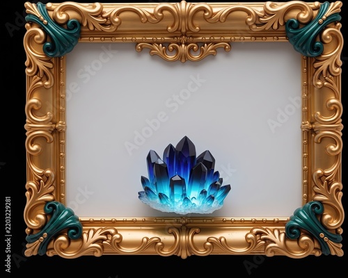 Ornate gold and teal baroque frame featuring a glowing blue crystal cluster on a light background