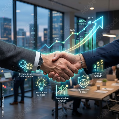 Businessmen shaking hands with a digital graph showing growth and success.