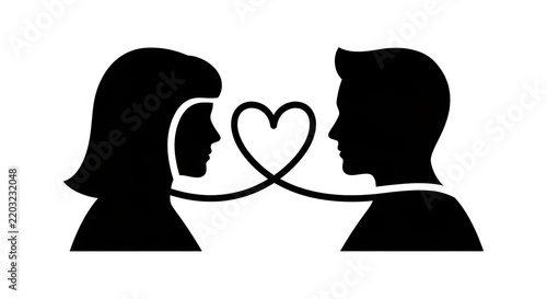 Black silhouette of a man and woman facing each other connected by a heart shape line icon