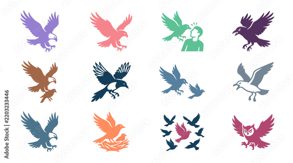 Fototapeta premium Bird behavior and interaction silhouette icons.