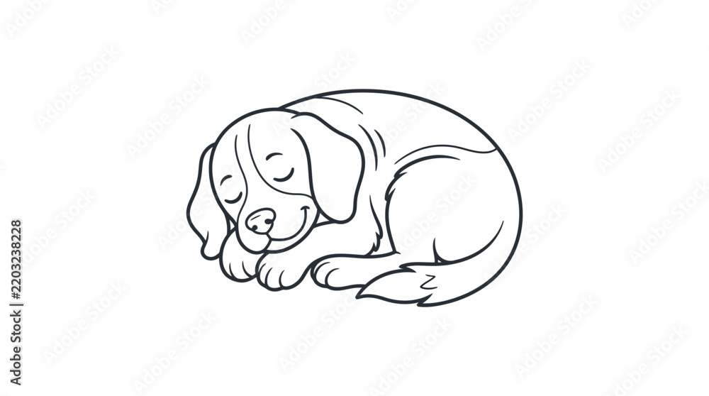 Obraz premium Cute beagle puppy sleeping in a curled position as a simple line art drawing