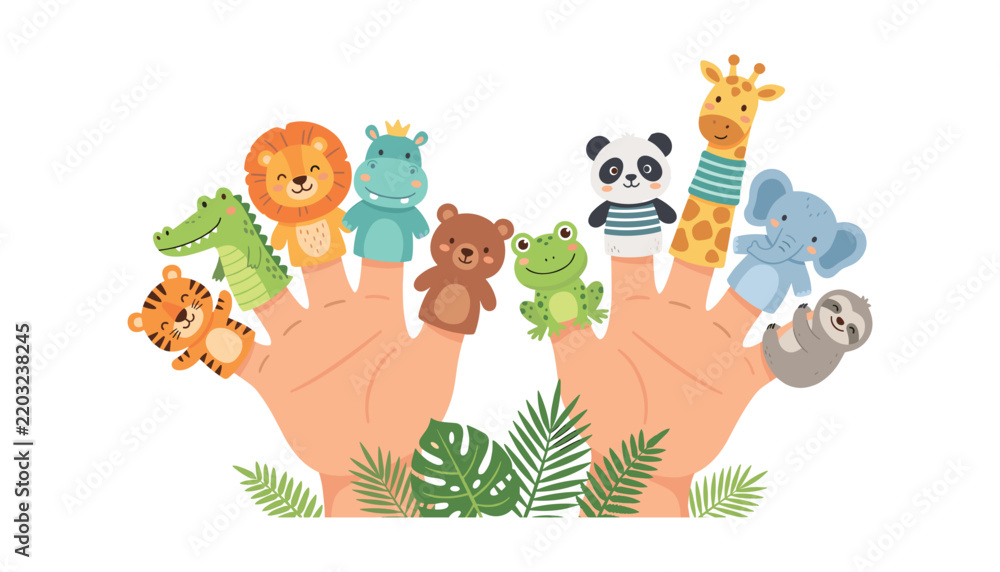 Obraz premium PrintCute animal finger puppets vector illustration with cartoon jungle safari characters on hands for children education activity concept
