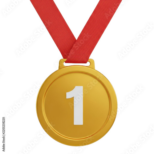 A gold medal with the number 1 engraved on the front, hanging from a red ribbon, isolated on a white .