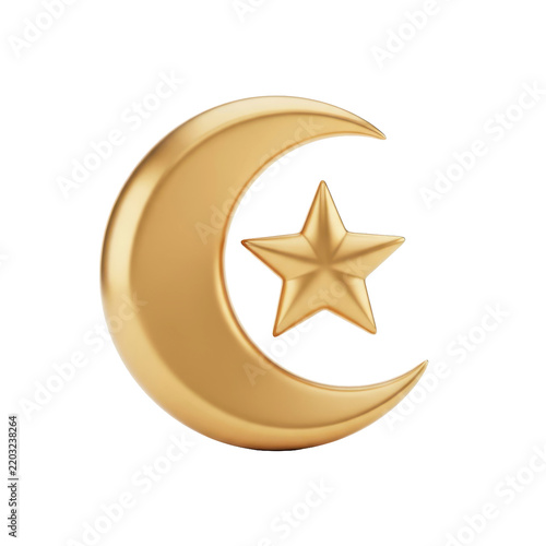 3D rendered golden crescent moon and a five-pointed star isolated, symbolic representation of Islam, shiny metallic texture with smooth curved design.