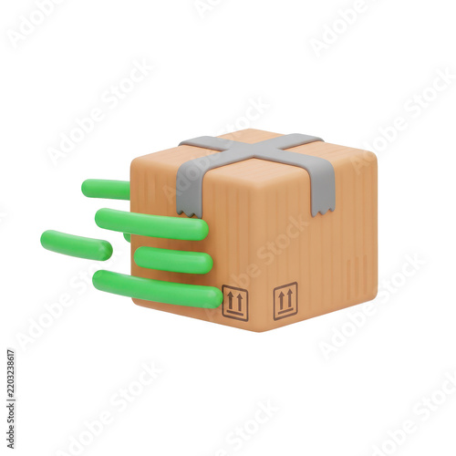 A 3D render of a brown cardboard shipping box with gray tape, featuring green speed motion lines on the side, isolated on a transparent .