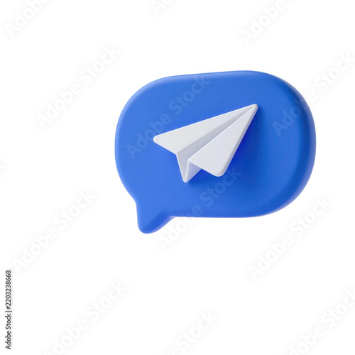 A 3D render of a white paper airplane icon centered inside a blue rounded chat bubble, isolated on a solid color field.