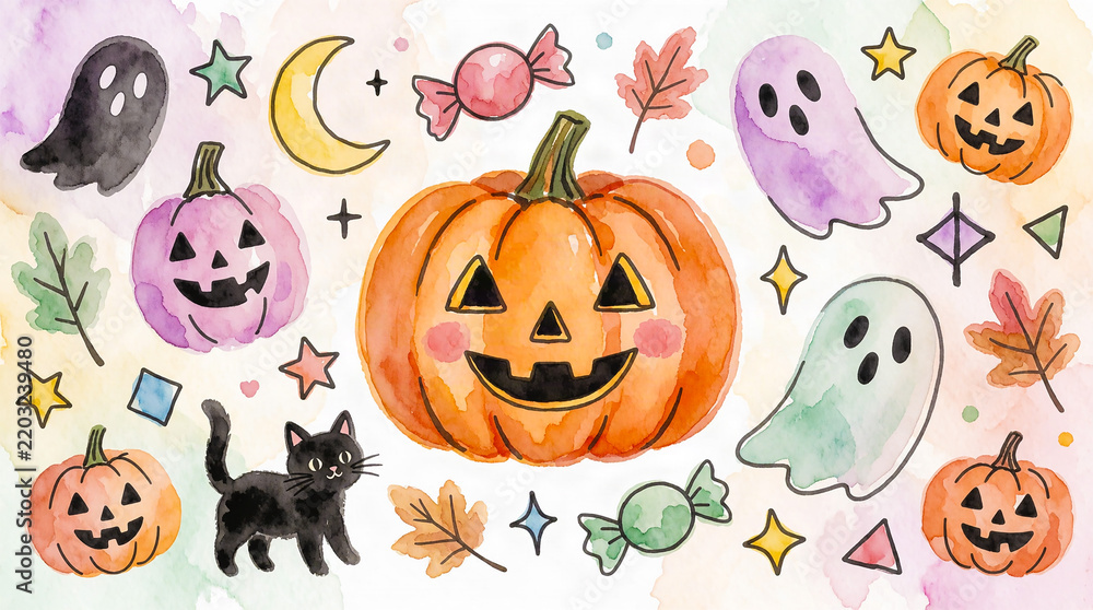 Obraz premium ハロウィンのかぼちゃとお化け 水彩背景素材