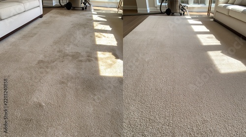 Before and after carpet cleaning in a family living room showing stains and a clean carpet Generative AI