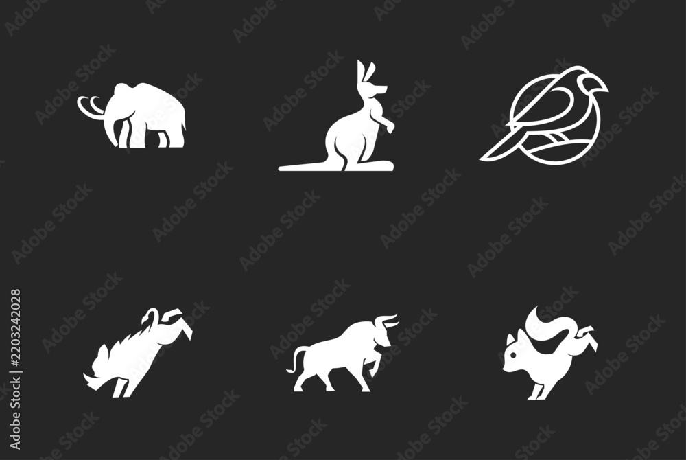Fototapeta premium Minimalist Animal Logo Collection: White Silhouettes of Elephant, Kangaroo, Bird, Wild Boar, Bull, and Squirrel Icons