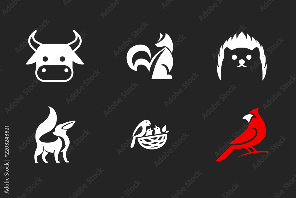 Fototapeta premium Collection of Modern Animal Logos: Minimalist Cow, Fox, Hedgehog, Deer, Bird Nest, and Red Cardinal Icon Designs on a Dark Background.
