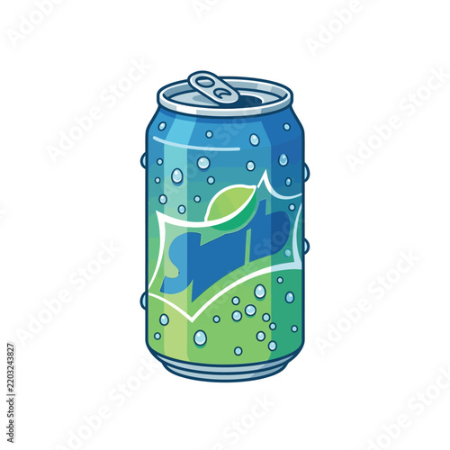Refreshing Cold Lemon-Lime Soda Can Illustration, Vector Aluminum Beverage Tin with Water Droplets and Condensation Isolated on White