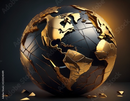 elegant fractured earth globe with golden cracks on dark background
