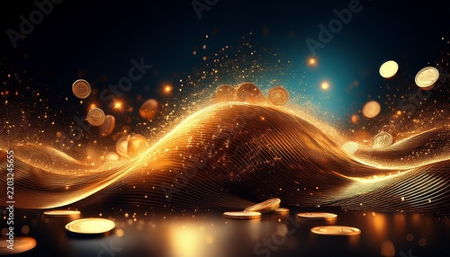 golden coins and sparkling particles forming dynamic waves on dark background abstract financial flow digital currency wealth concept