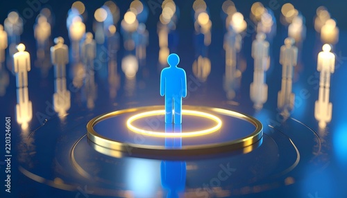 Glowing blue human figure standing on a golden platform among blurred silhouettes, representing recognition, personal achievement, leadership, and professional distinction.