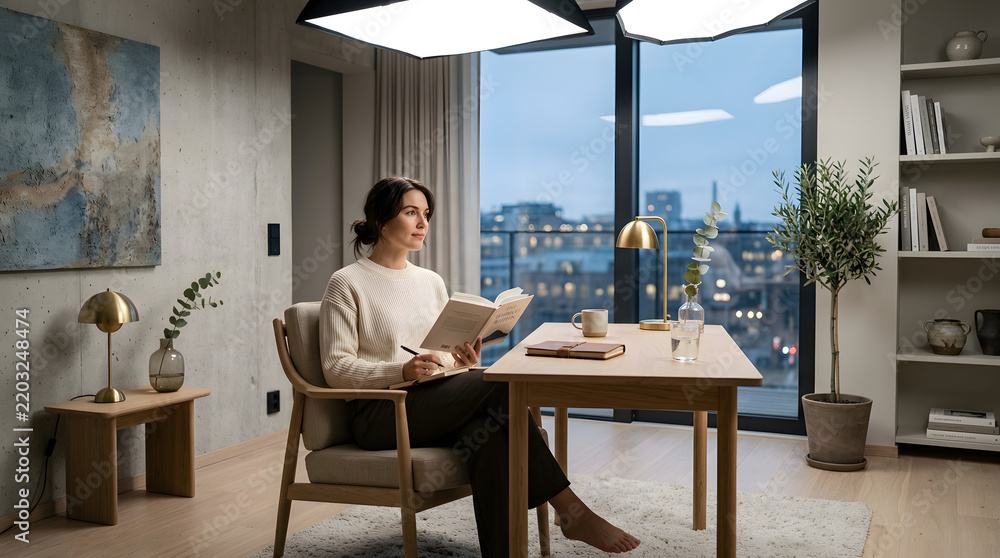 Fototapeta premium Woman Reading Book and Writing in Cozy Scandinavian Living Room with City View