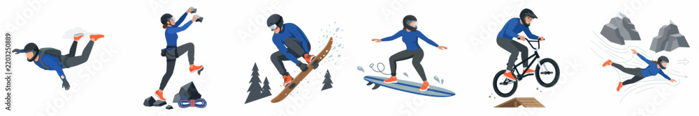 Obraz premium Set of Flat Vector Illustrations Featuring Extreme Sports Like Skydiving, Rock Climbing, Snowboarding, Surfing, BMX Biking, and Wingsuit Flying
