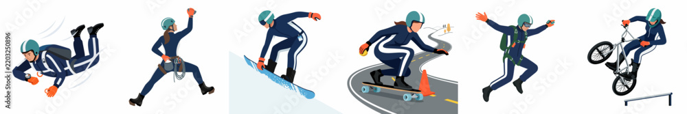 Fototapeta premium Collection of Flat Vector Illustrations Featuring a Woman in Various Extreme Sports such as Skydiving Snowboarding and Climbing