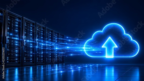 Obraz na płótnie Glowing Cloud Upload Icon Connected to Server Racks Representing Cloud Migration and Data Backup