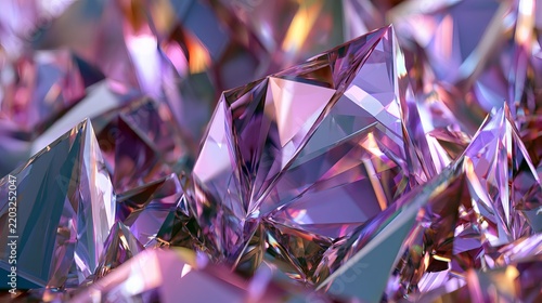 Iridescent crystal fragments sparkle, showcasing intense highlights, shadows, and reflective surfaces, creating a magical aura