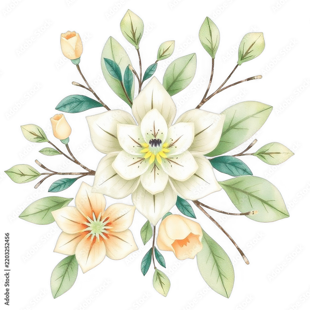 Obraz premium Watercolor floral arrangement with white flowers and leaves on black