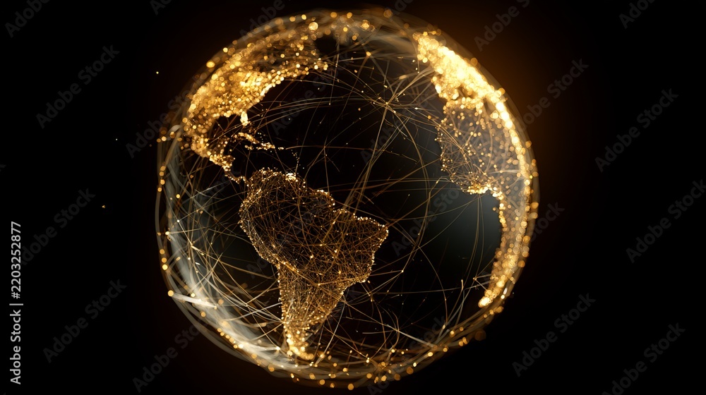 Obraz premium Glowing golden earth globe with interconnected light networks, representing global communication and interconnected world systems