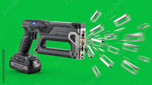 Automatic cordless staple gun firing fast staples against a solid green screen background for easy chroma keying and post production