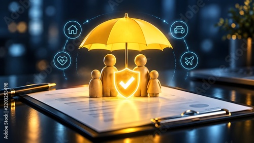 Family figures under a glowing yellow umbrella and security shield with insurance icons on a document clipboard representing comprehensive life and property protection