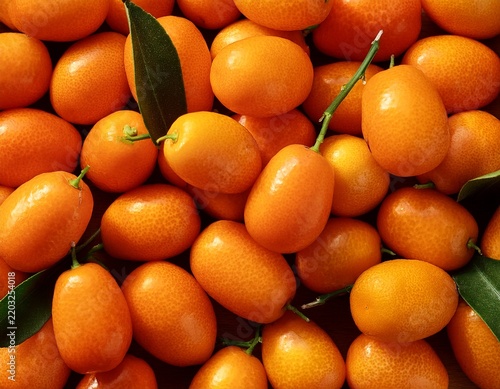close up background of fresh sweet ripe mini kumquat fruits piled together with stems at daylight