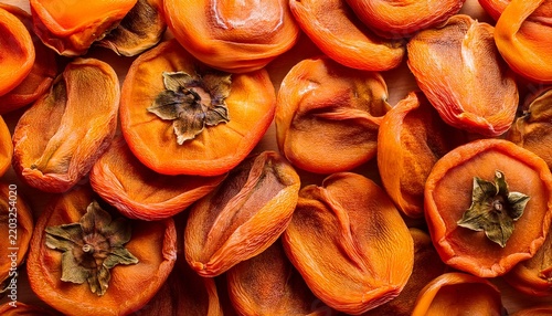 a textured close up background of dried sweet persimmon fruit cuts combined in a dense composition