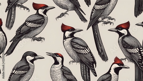 seamless bird pattern in vintage etching style features woodpeckers and crows in various poses ideal for nature design textile prints wallpaper packaging and educational materials