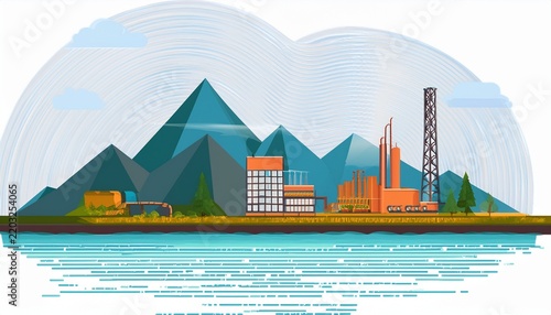 industrial landscape with factory and machinery against mountainous background and river in a modern geometric style