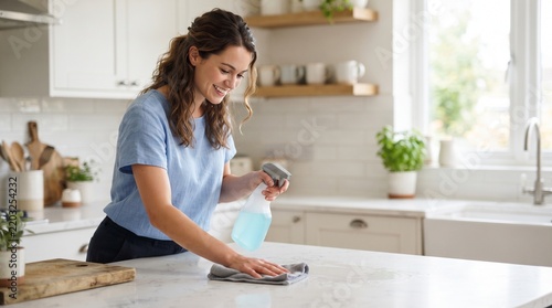 Woman cleaning kitchen counter with spray bottle and cloth