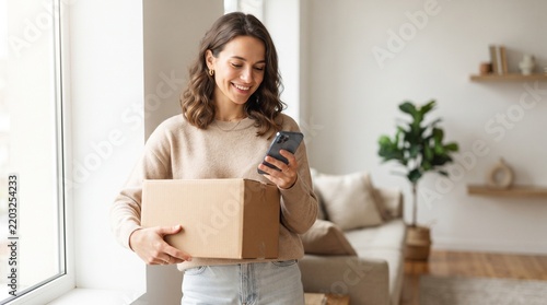 Woman holding package and using smartphone at home