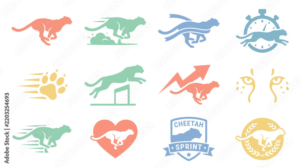 Obraz premium Sprint badges and cheetah performance icons in pastel