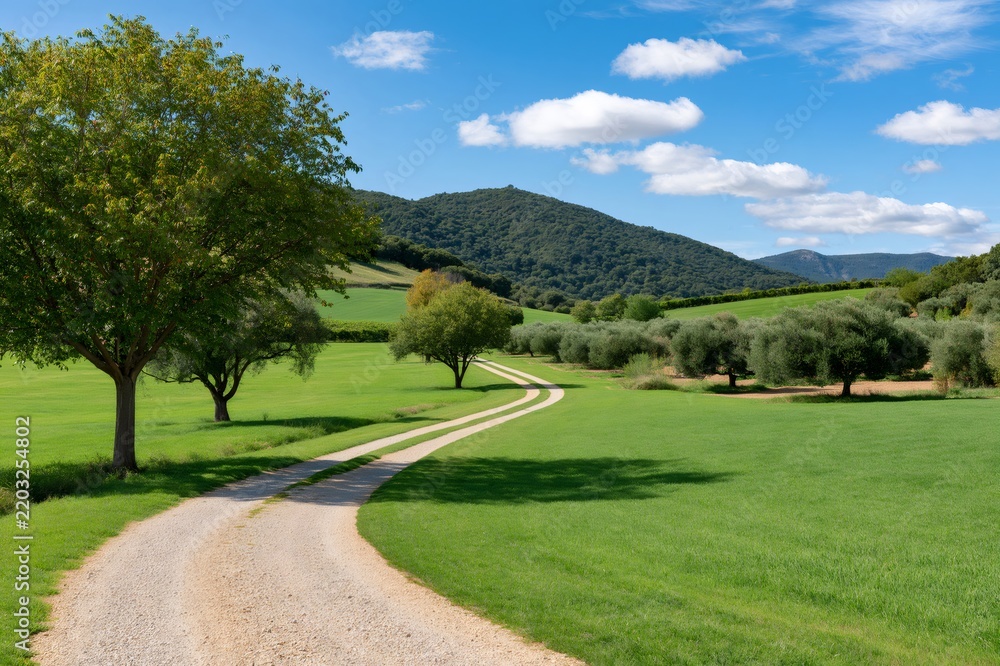 Fototapeta premium Winding gravel path leading through green fields and olive trees