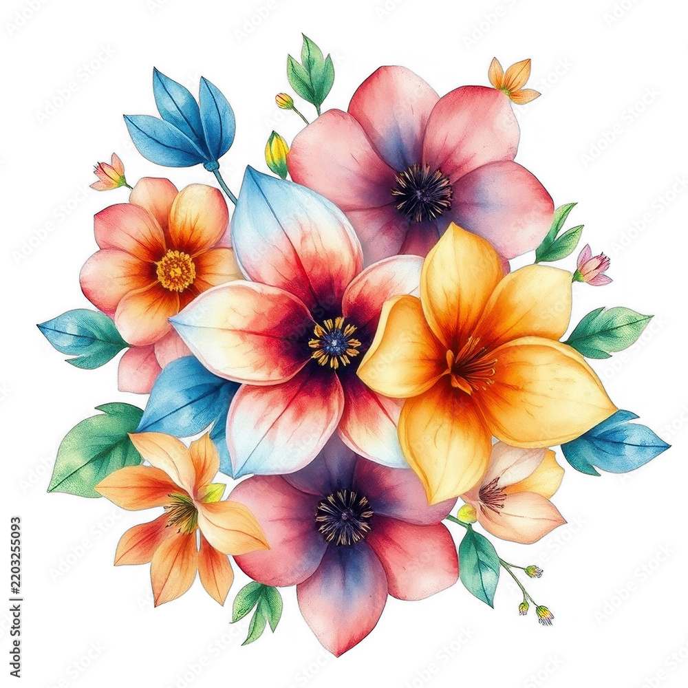 Obraz premium Watercolor floral arrangement with colorful flowers and leaves