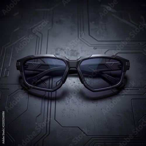 Futuristic Virtual Reality Glasses on Dark Tech Background.