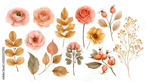 Watercolor autumn flowers and leaves collection, delicate floral elements and foliage in warm earthy tones