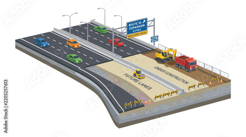 Isometric Illustration of Highway Road Construction and Expansion Project