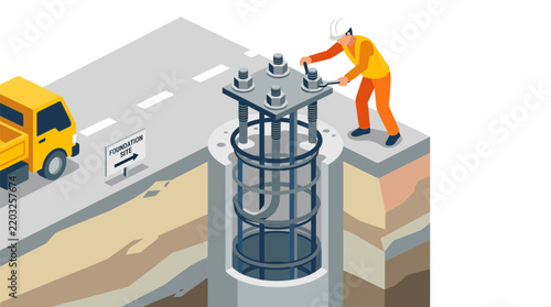 Isometric Illustration of Construction Worker Installing Foundation Bolts
