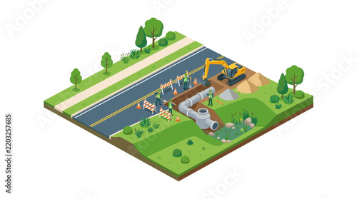 Isometric construction scene with workers and excavator repairing pipe