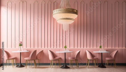 cafeteria background with elegant chandelier and pastel pink wall