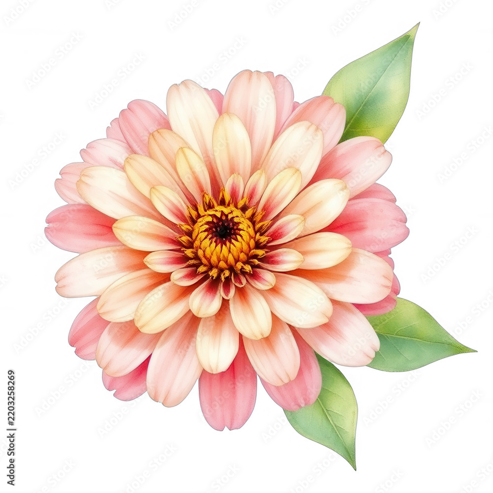 Fototapeta premium Beautiful pink zinnia flower with leaves on black background