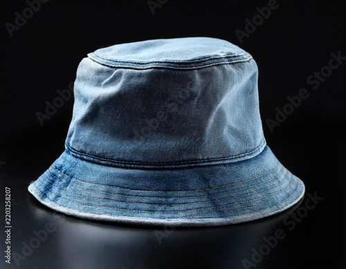 stylish denim bucket hat on black background