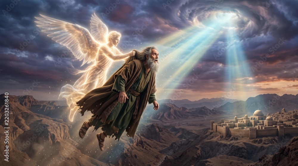 Obraz premium Bearded robed man lifted by winged angel above desert landscape. Biblical illustration. Christian faith and ascension concept.