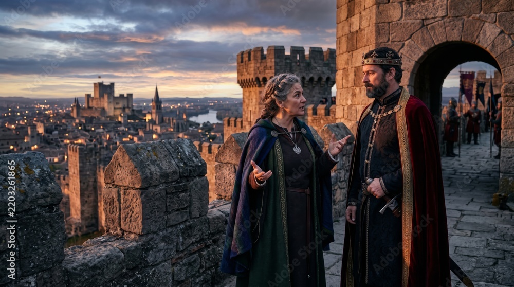 Obraz premium Two costumed figures talking on castle ramparts. Medieval fantasy scene. Digital concept art.