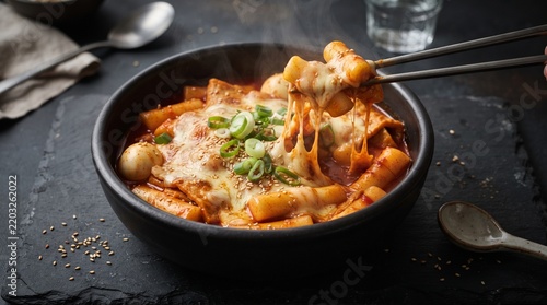 Korean cheese tteokbokki combining chewy rice cakes, spicy gochujang sauce and melted mozzarella, finished with scallions and sesame garnish.